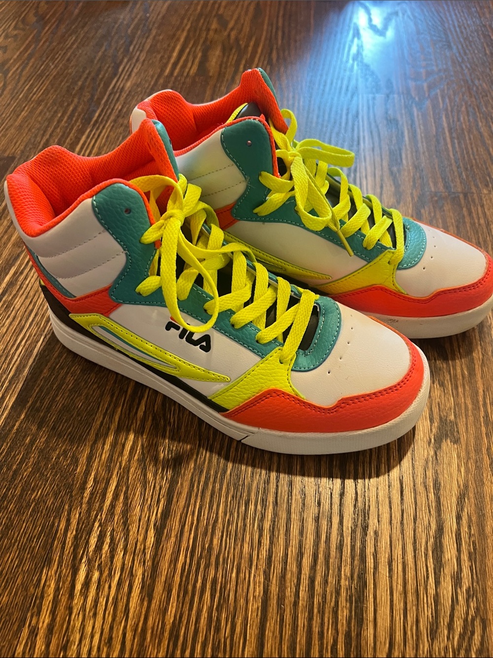 FILA High-Top Sneakers in White, Neon Yellow & Orange